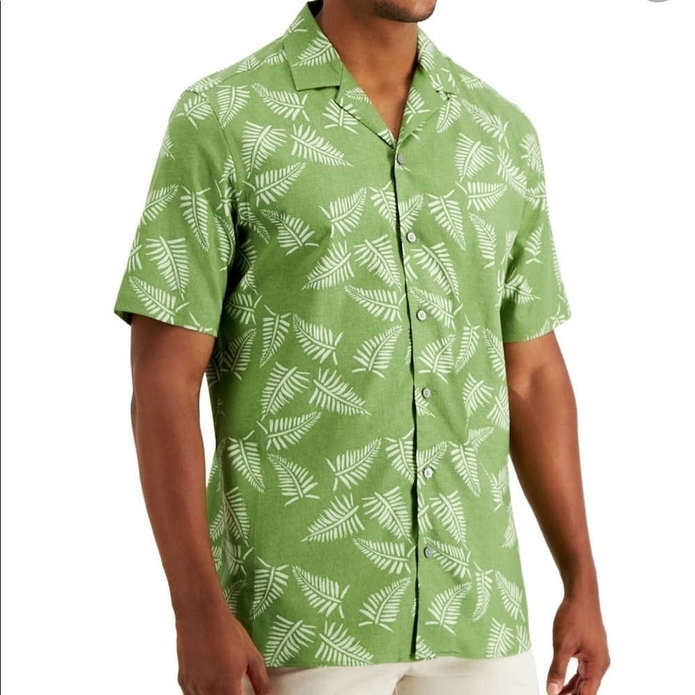 New Alfani short sleeve fern print green button up stretch linen shirt sz large